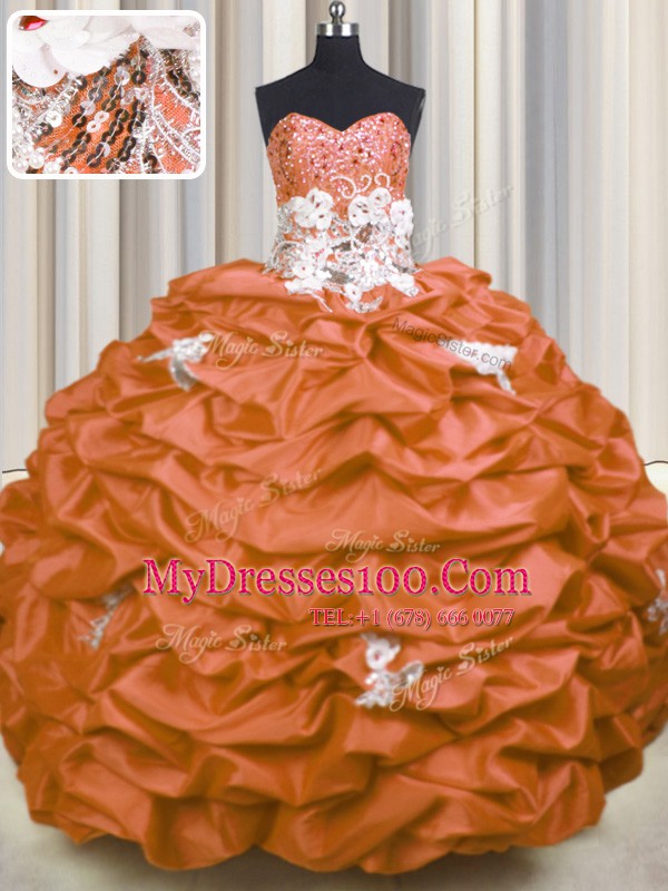 Orange Red Ball Gowns Appliques and Sequins and Pick Ups Sweet 16 Dress Lace Up Taffeta Sleeveless With Train