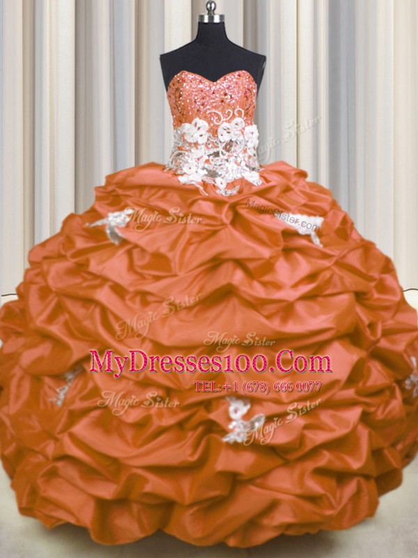 Orange Red Ball Gowns Appliques and Sequins and Pick Ups Sweet 16 Dress Lace Up Taffeta Sleeveless With Train