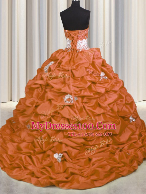 Orange Red Ball Gowns Appliques and Sequins and Pick Ups Sweet 16 Dress Lace Up Taffeta Sleeveless With Train