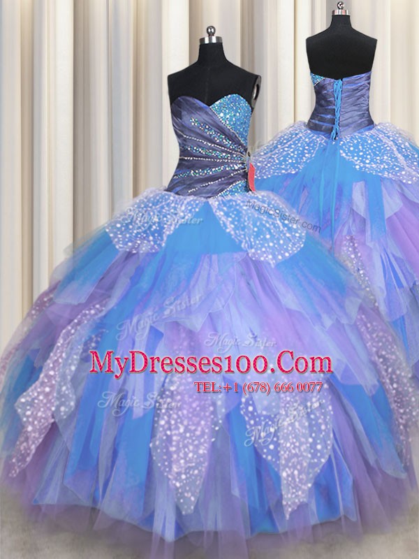 Sweetheart Sleeveless Tulle Vestidos de Quinceanera Beading and Ruching Lace Up