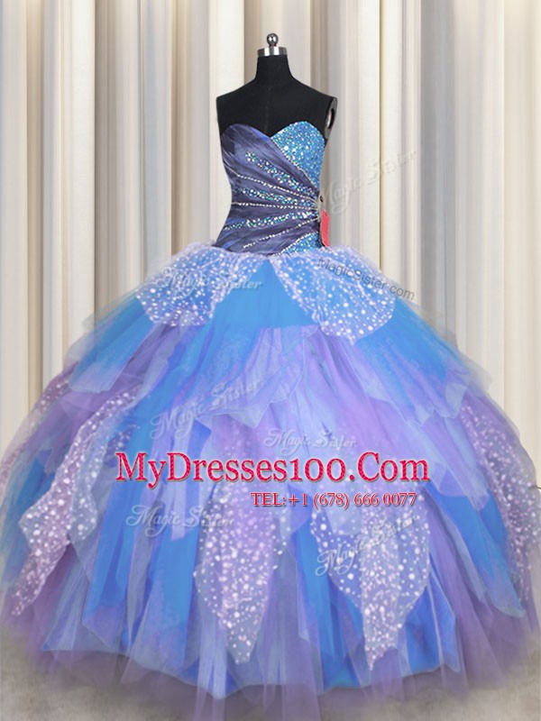 Sweetheart Sleeveless Tulle Vestidos de Quinceanera Beading and Ruching Lace Up