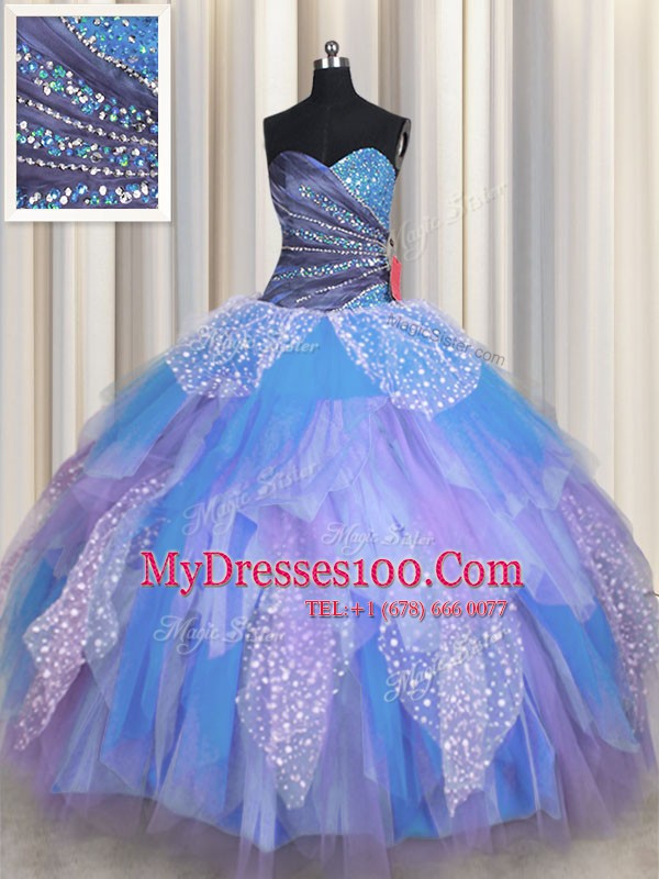 Sweetheart Sleeveless Tulle Vestidos de Quinceanera Beading and Ruching Lace Up