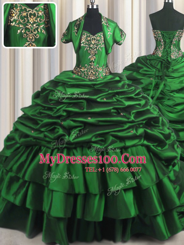 Pick Ups With Train Ball Gowns Sleeveless Dark Green Quince Ball Gowns Brush Train Lace Up