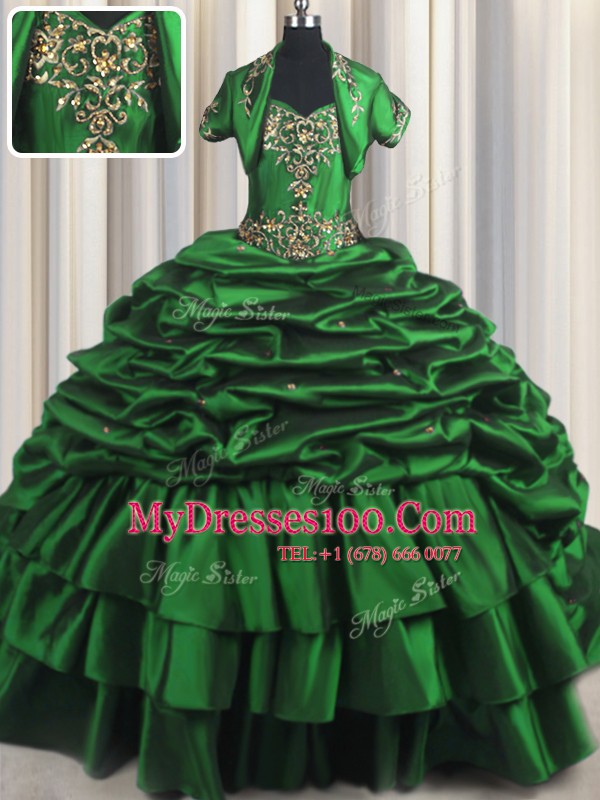 Pick Ups With Train Ball Gowns Sleeveless Dark Green Quince Ball Gowns Brush Train Lace Up
