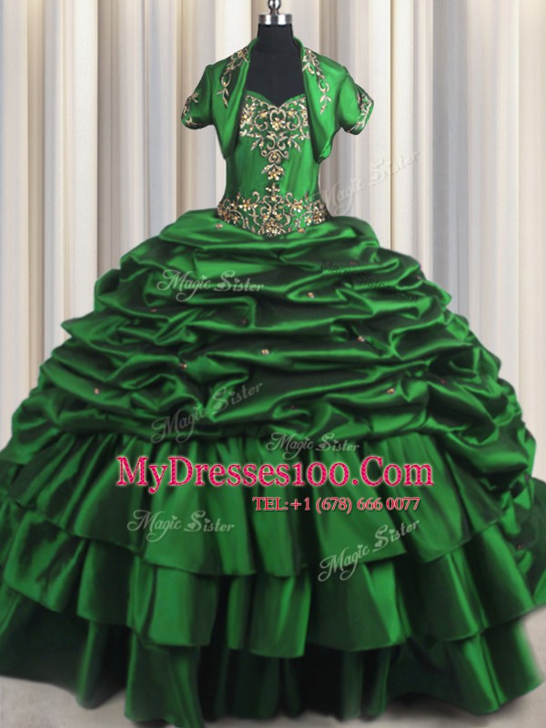 Pick Ups With Train Ball Gowns Sleeveless Dark Green Quince Ball Gowns Brush Train Lace Up