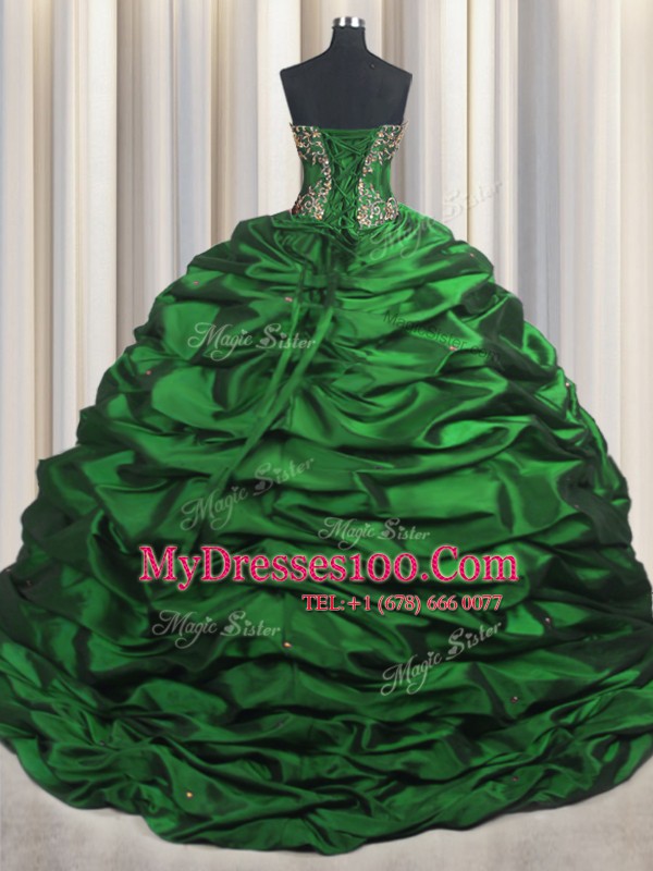 Pick Ups With Train Ball Gowns Sleeveless Dark Green Quince Ball Gowns Brush Train Lace Up