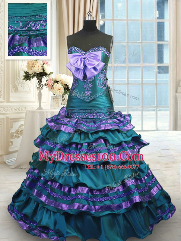 Beauteous Peacock Green Lace Up Quinceanera Gown Appliques and Ruffled Layers and Bowknot Sleeveless Sweep Train