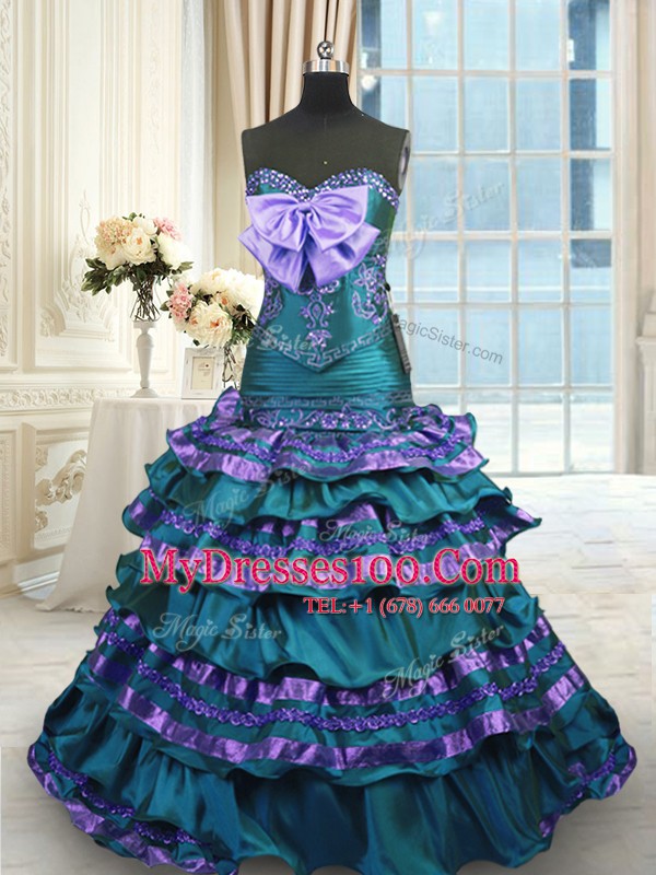 Beauteous Peacock Green Lace Up Quinceanera Gown Appliques and Ruffled Layers and Bowknot Sleeveless Sweep Train