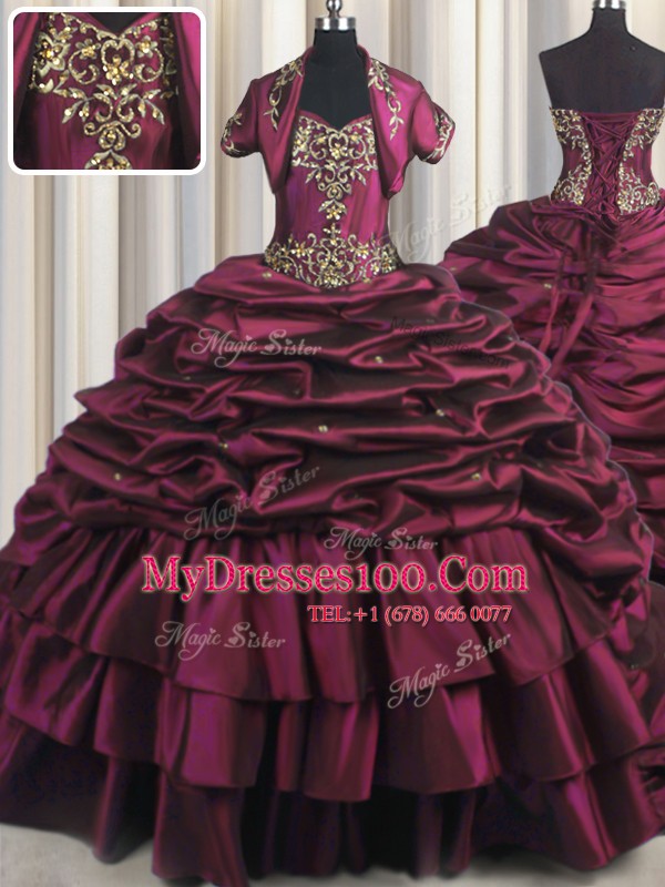Burgundy Lace Up Sweetheart Beading and Appliques and Pick Ups Quince Ball Gowns Taffeta Sleeveless Brush Train