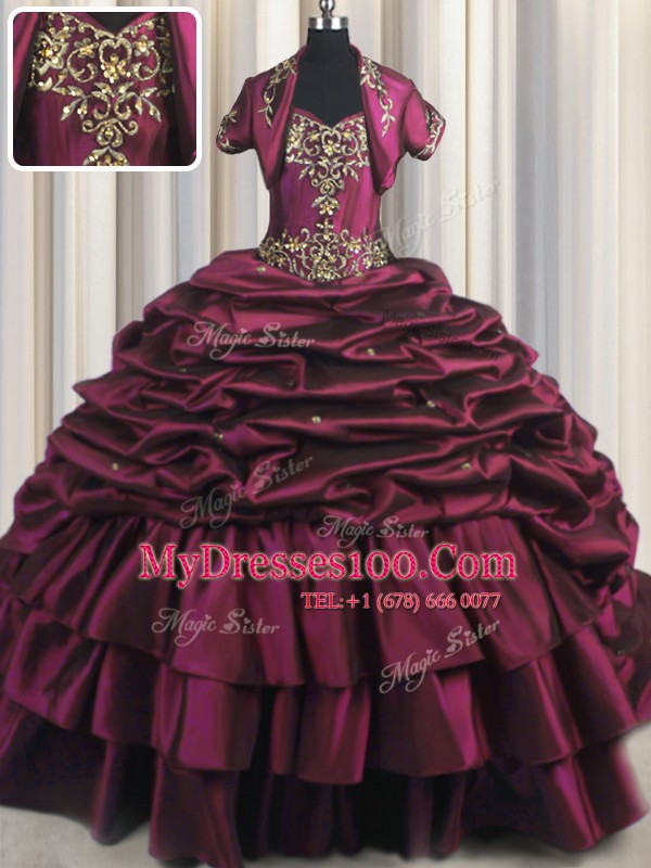 Burgundy Lace Up Sweetheart Beading and Appliques and Pick Ups Quince Ball Gowns Taffeta Sleeveless Brush Train
