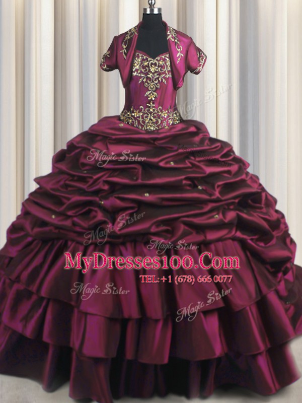 Burgundy Lace Up Sweetheart Beading and Appliques and Pick Ups Quince Ball Gowns Taffeta Sleeveless Brush Train