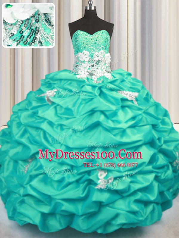 Customized Turquoise Lace Up Sweetheart Appliques and Sequins and Pick Ups Ball Gown Prom Dress Taffeta Sleeveless Brush Train
