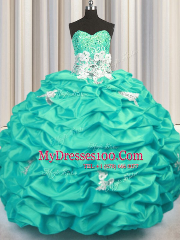 Customized Turquoise Lace Up Sweetheart Appliques and Sequins and Pick Ups Ball Gown Prom Dress Taffeta Sleeveless Brush Train