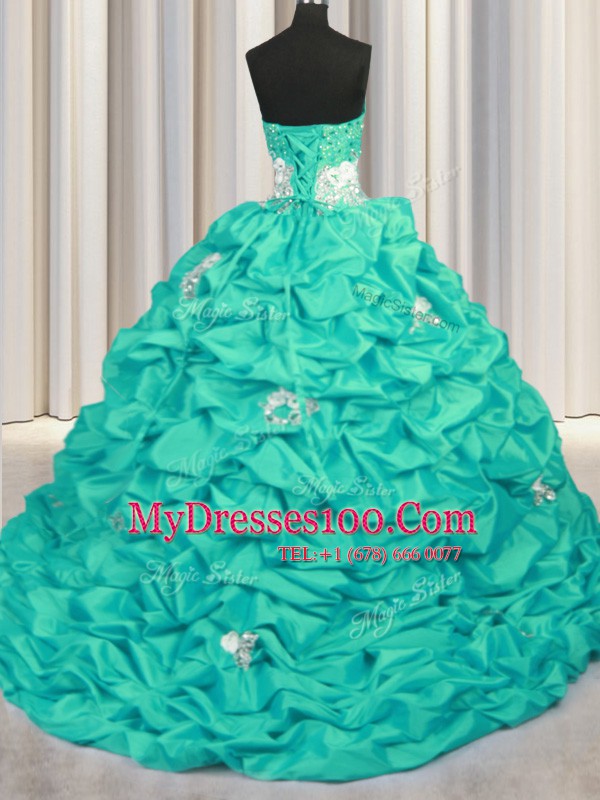 Customized Turquoise Lace Up Sweetheart Appliques and Sequins and Pick Ups Ball Gown Prom Dress Taffeta Sleeveless Brush Train