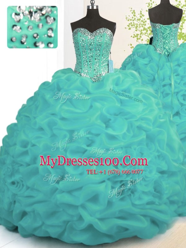 Turquoise Lace Up Sweetheart Beading and Ruffles 15th Birthday Dress Organza Sleeveless Brush Train