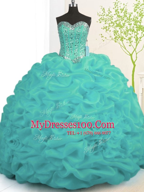Turquoise Lace Up Sweetheart Beading and Ruffles 15th Birthday Dress Organza Sleeveless Brush Train