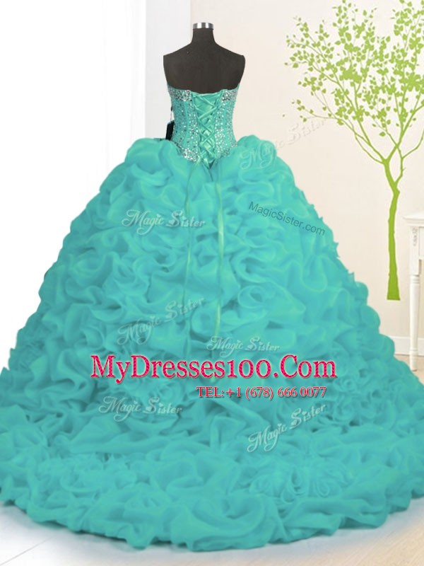 Turquoise Lace Up Sweetheart Beading and Ruffles 15th Birthday Dress Organza Sleeveless Brush Train