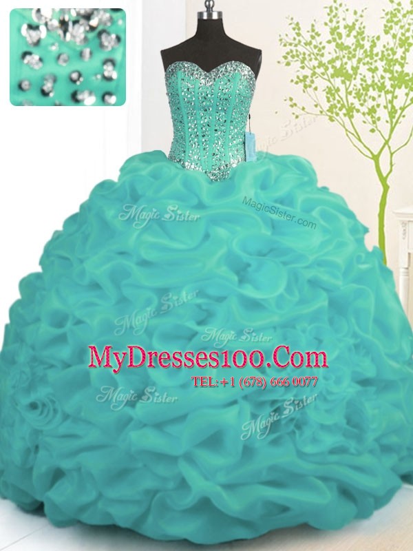 Turquoise Lace Up Sweetheart Beading and Ruffles 15th Birthday Dress Organza Sleeveless Brush Train