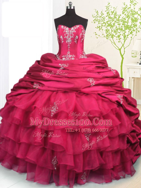 Dramatic Sleeveless Brush Train Beading and Appliques and Ruffled Layers and Pick Ups Lace Up Sweet 16 Quinceanera Dress