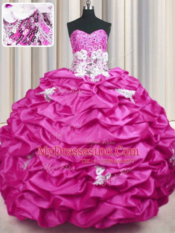 Fuchsia Sweetheart Neckline Appliques and Sequins and Pick Ups Quince Ball Gowns Sleeveless Lace Up