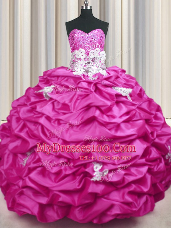 Fuchsia Sweetheart Neckline Appliques and Sequins and Pick Ups Quince Ball Gowns Sleeveless Lace Up