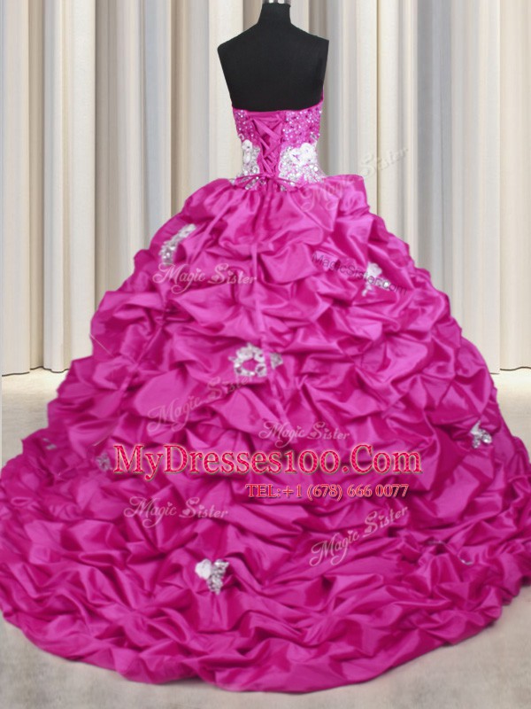 Fuchsia Sweetheart Neckline Appliques and Sequins and Pick Ups Quince Ball Gowns Sleeveless Lace Up