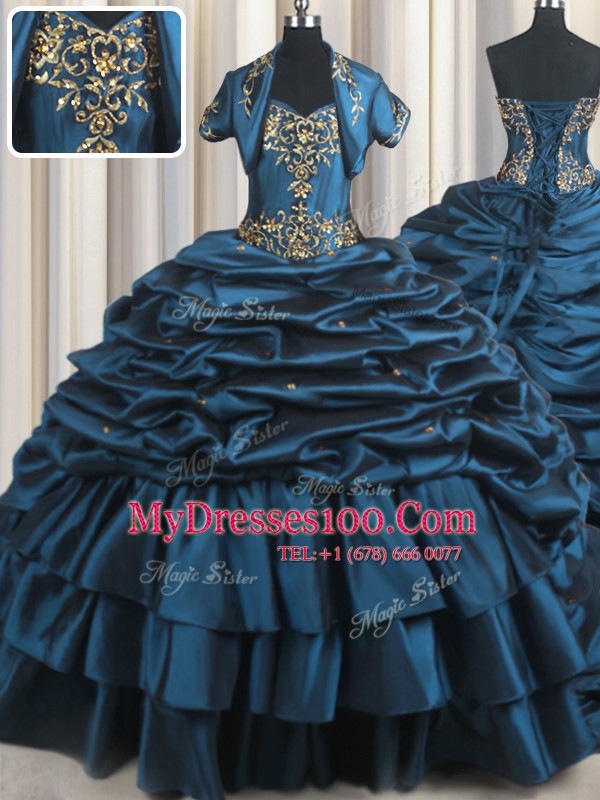 Deluxe With Train Navy Blue Quinceanera Dress Taffeta Brush Train Sleeveless Beading and Appliques and Pick Ups