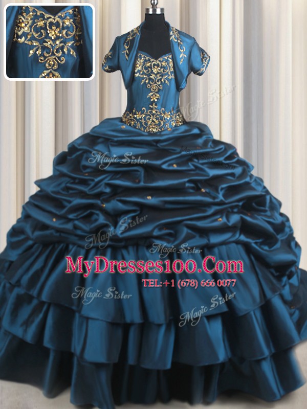 Deluxe With Train Navy Blue Quinceanera Dress Taffeta Brush Train Sleeveless Beading and Appliques and Pick Ups