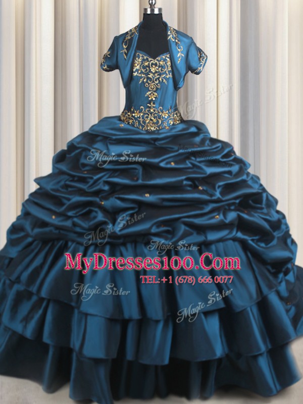 Deluxe With Train Navy Blue Quinceanera Dress Taffeta Brush Train Sleeveless Beading and Appliques and Pick Ups