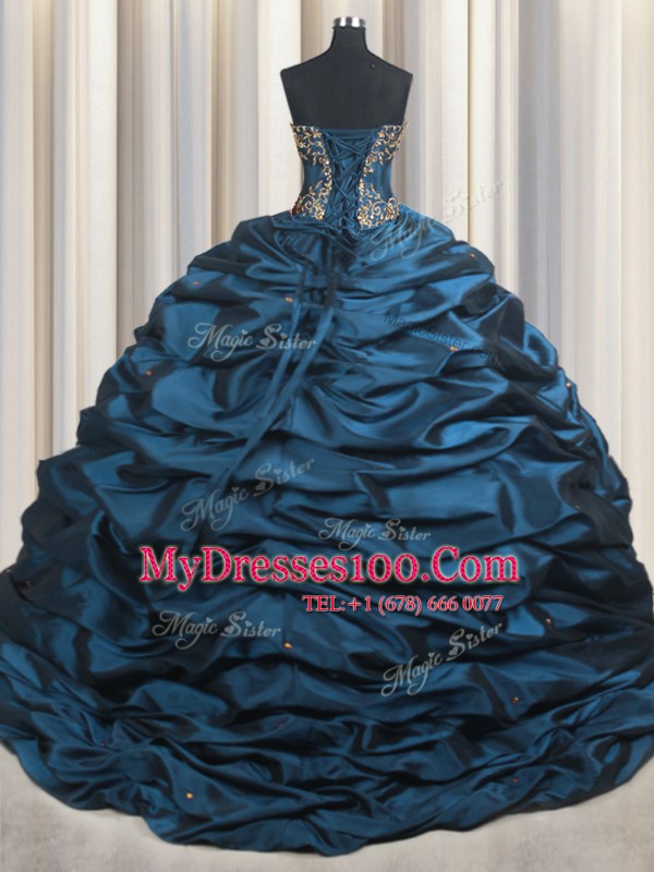 Deluxe With Train Navy Blue Quinceanera Dress Taffeta Brush Train Sleeveless Beading and Appliques and Pick Ups
