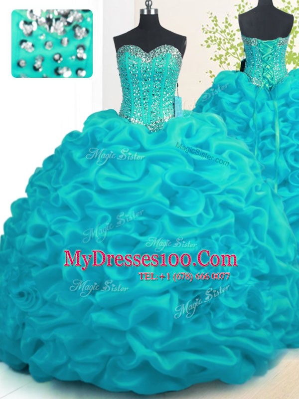 With Train Ball Gowns Sleeveless Aqua Blue Vestidos de Quinceanera Brush Train Lace Up