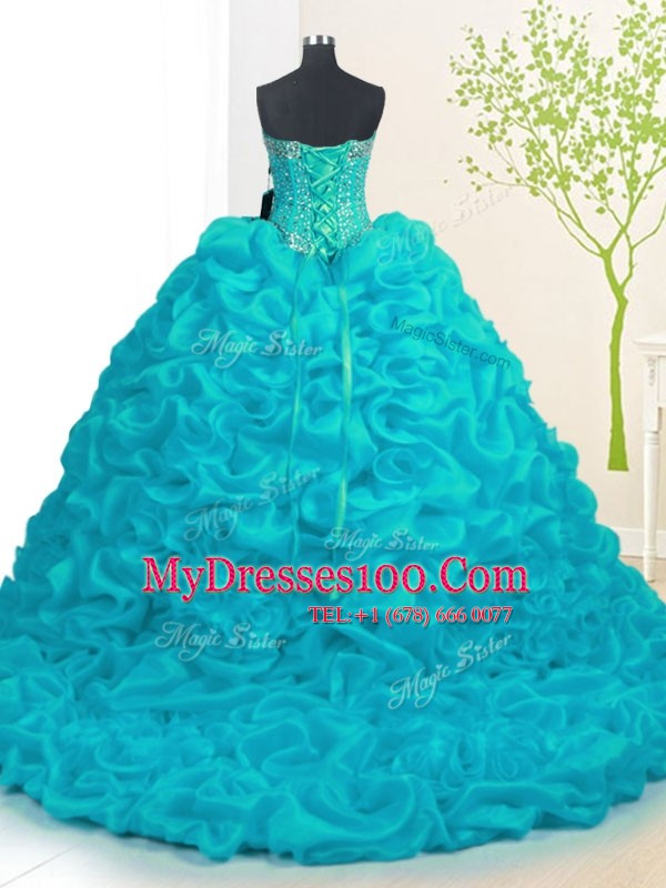 With Train Ball Gowns Sleeveless Aqua Blue Vestidos de Quinceanera Brush Train Lace Up