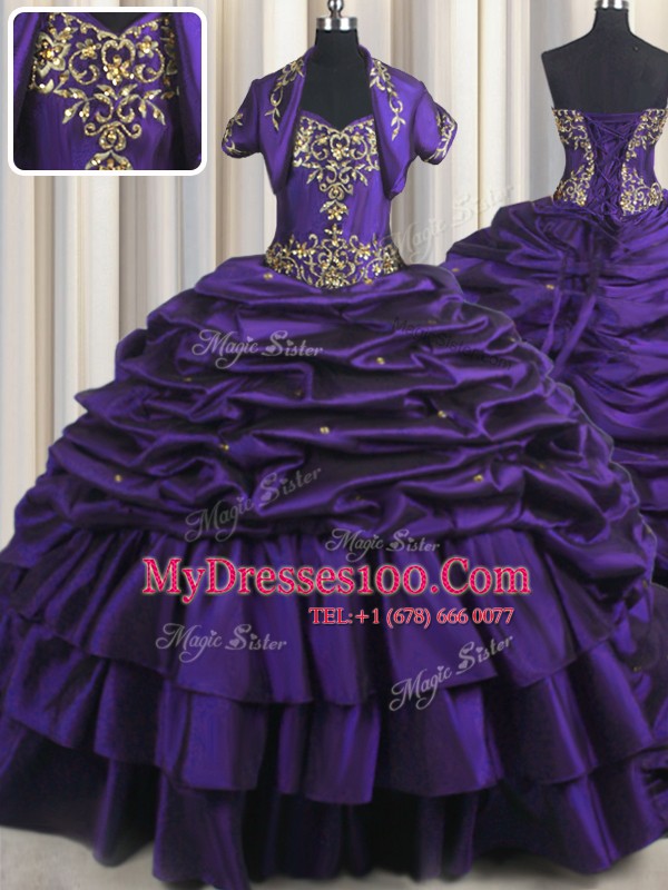 Most Popular Purple Sleeveless Brush Train Beading and Appliques and Pick Ups With Train Ball Gown Prom Dress