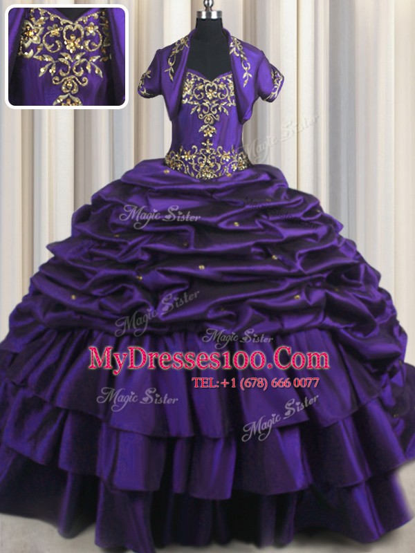 Most Popular Purple Sleeveless Brush Train Beading and Appliques and Pick Ups With Train Ball Gown Prom Dress