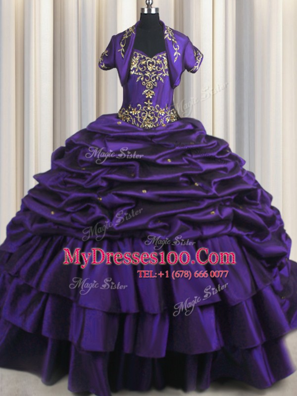Most Popular Purple Sleeveless Brush Train Beading and Appliques and Pick Ups With Train Ball Gown Prom Dress