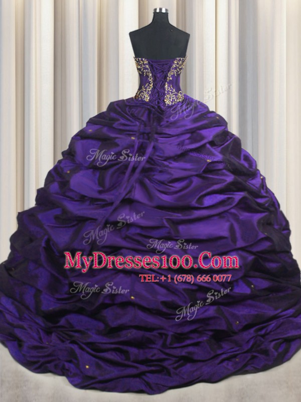 Most Popular Purple Sleeveless Brush Train Beading and Appliques and Pick Ups With Train Ball Gown Prom Dress