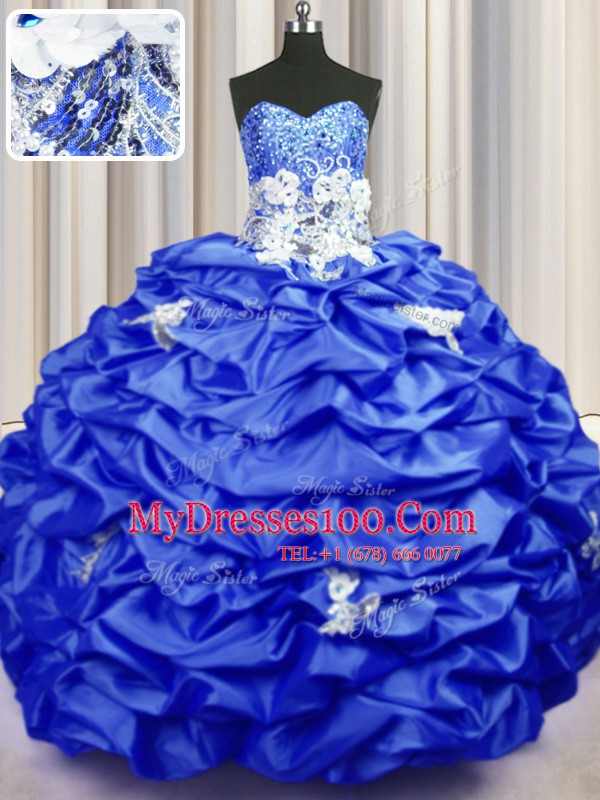 Smart Sequins Pick Ups With Train Royal Blue Sweet 16 Quinceanera Dress Sweetheart Sleeveless Brush Train Lace Up