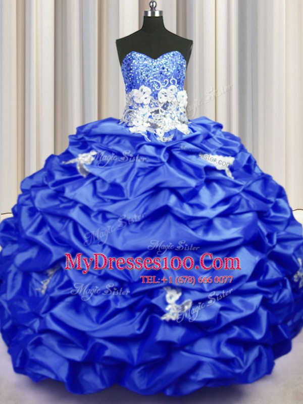 Smart Sequins Pick Ups With Train Royal Blue Sweet 16 Quinceanera Dress Sweetheart Sleeveless Brush Train Lace Up
