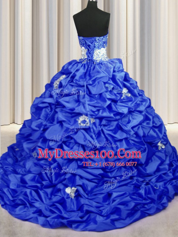 Smart Sequins Pick Ups With Train Royal Blue Sweet 16 Quinceanera Dress Sweetheart Sleeveless Brush Train Lace Up