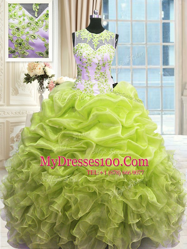 Hot Sale Scoop Floor Length Zipper Quinceanera Gowns Yellow Green for Military Ball and Sweet 16 and Quinceanera with Beading and Ruffles