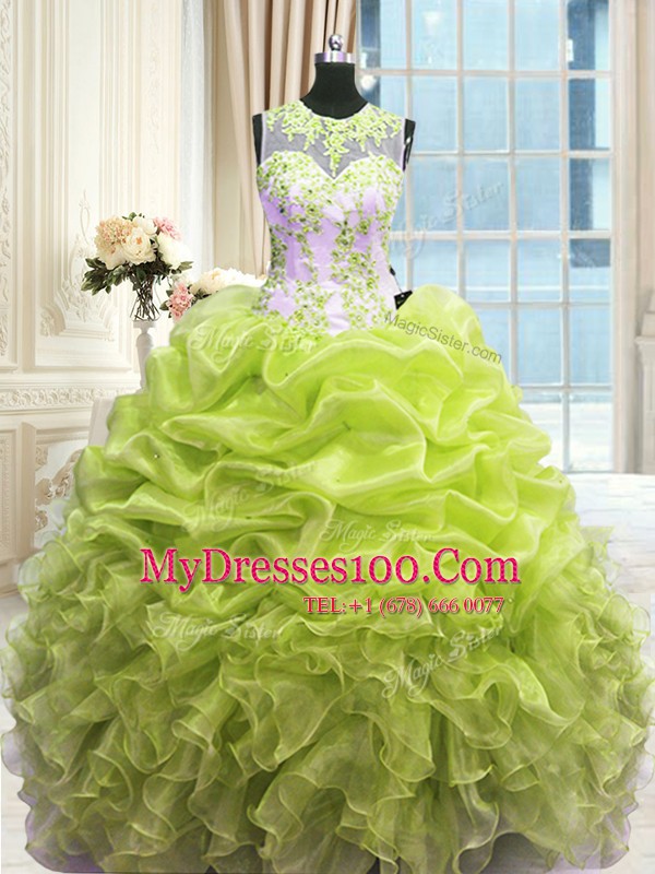 Hot Sale Scoop Floor Length Zipper Quinceanera Gowns Yellow Green for Military Ball and Sweet 16 and Quinceanera with Beading and Ruffles