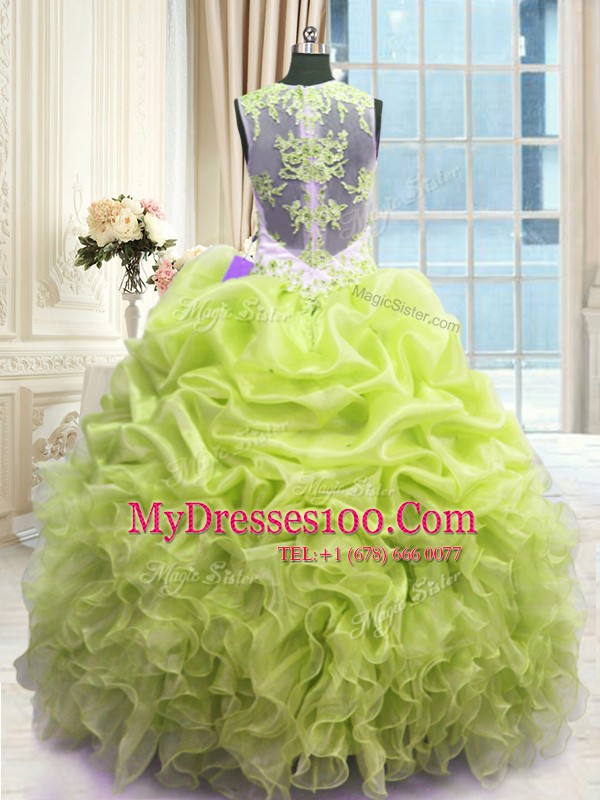 Hot Sale Scoop Floor Length Zipper Quinceanera Gowns Yellow Green for Military Ball and Sweet 16 and Quinceanera with Beading and Ruffles