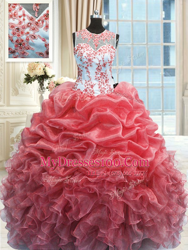 Scoop Sleeveless Organza Quinceanera Dress Beading and Ruffles Zipper