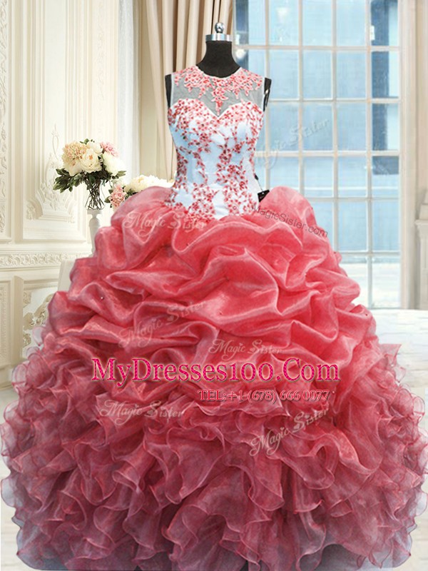Scoop Sleeveless Organza Quinceanera Dress Beading and Ruffles Zipper