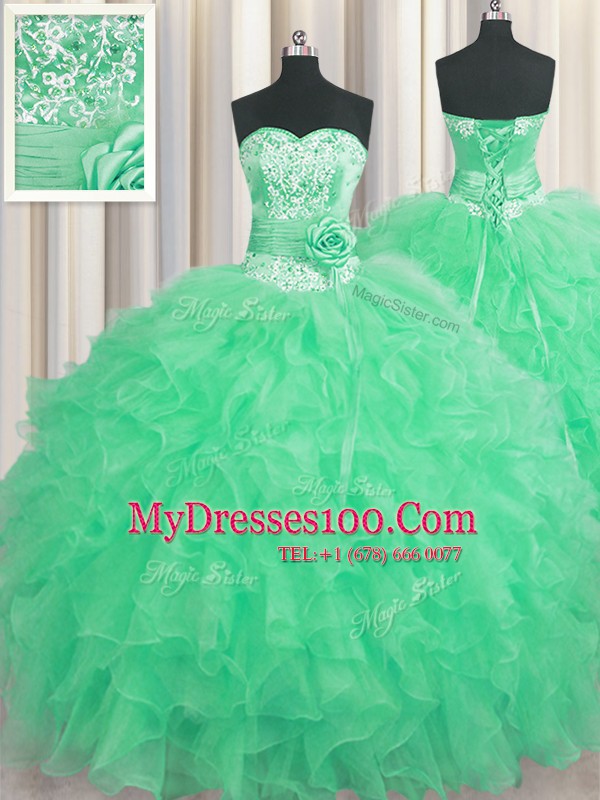 Adorable Handcrafted Flower Floor Length Lace Up Quince Ball Gowns Apple Green for Military Ball and Sweet 16 and Quinceanera with Beading and Ruffles and Hand Made Flower