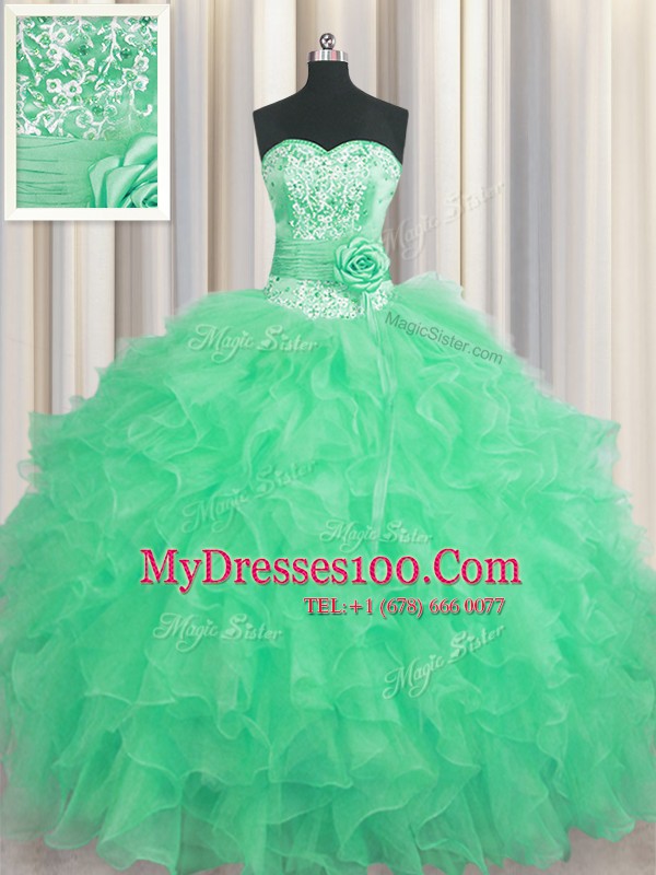 Adorable Handcrafted Flower Floor Length Lace Up Quince Ball Gowns Apple Green for Military Ball and Sweet 16 and Quinceanera with Beading and Ruffles and Hand Made Flower