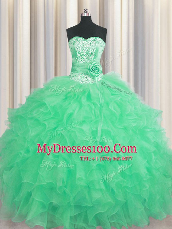 Adorable Handcrafted Flower Floor Length Lace Up Quince Ball Gowns Apple Green for Military Ball and Sweet 16 and Quinceanera with Beading and Ruffles and Hand Made Flower
