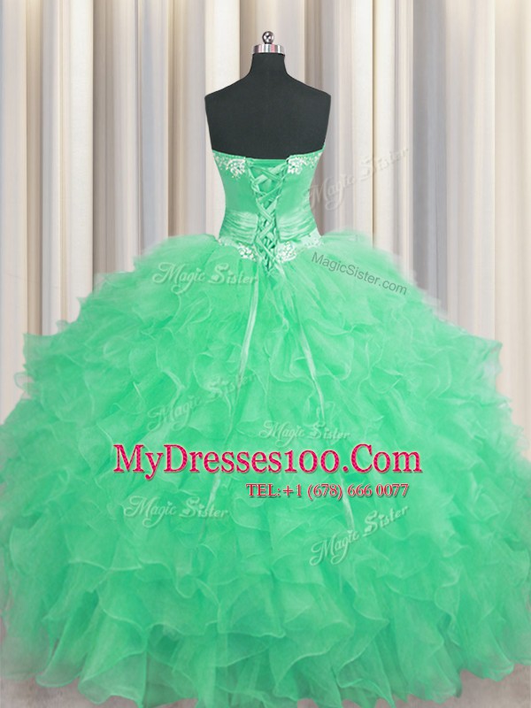 Adorable Handcrafted Flower Floor Length Lace Up Quince Ball Gowns Apple Green for Military Ball and Sweet 16 and Quinceanera with Beading and Ruffles and Hand Made Flower