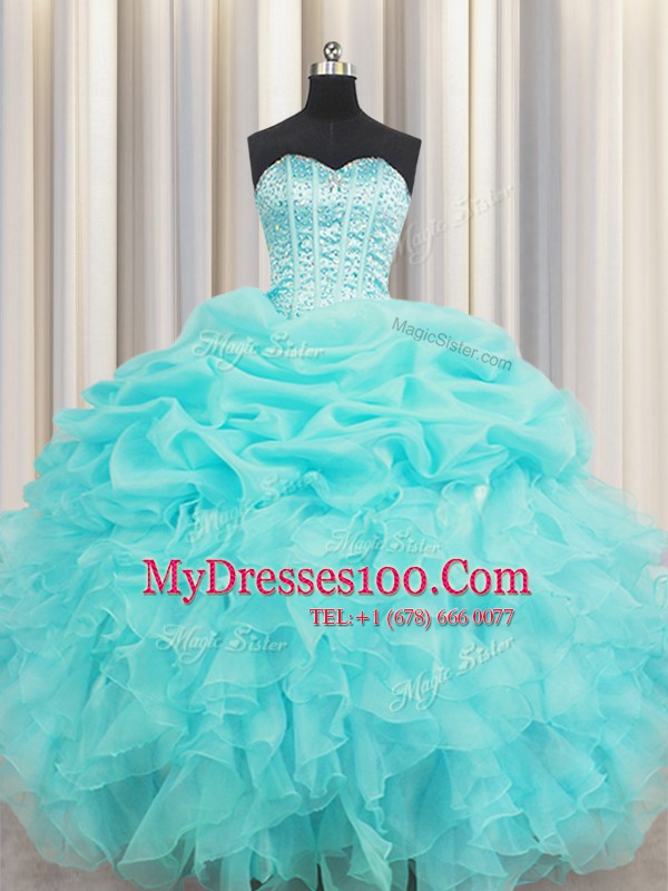 Top Selling Pick Ups Visible Boning Floor Length Ball Gowns Sleeveless Baby Blue Quinceanera Dress Lace Up