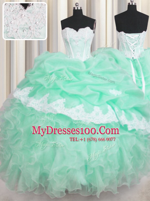 Pick Ups Sweetheart Sleeveless Lace Up Sweet 16 Quinceanera Dress Apple Green Organza